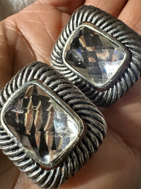 Vintage Silver-Tone Clear Crystal Square Clip-On Earrings-little wear and tear - Picture 7 of 7